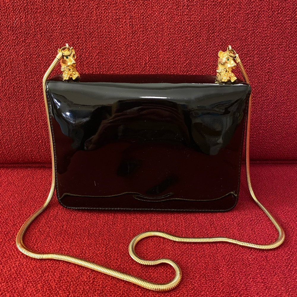 Morris Moskowitz Black Patent Evening Bag with Gold Leopards and Chain Strap